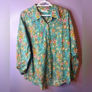 Natural Life Boho Floral Button Up Shirt Turquoise Vibrant Cottagecore L XL